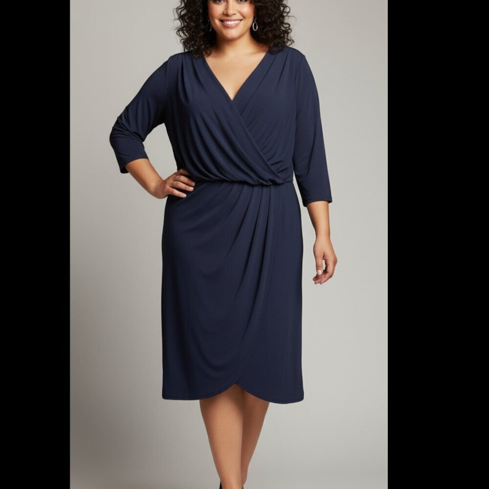 Adrianna‎ Papell Navy Dress 3/4 Sleeves Wrap Look Fully Lined Sz 14
